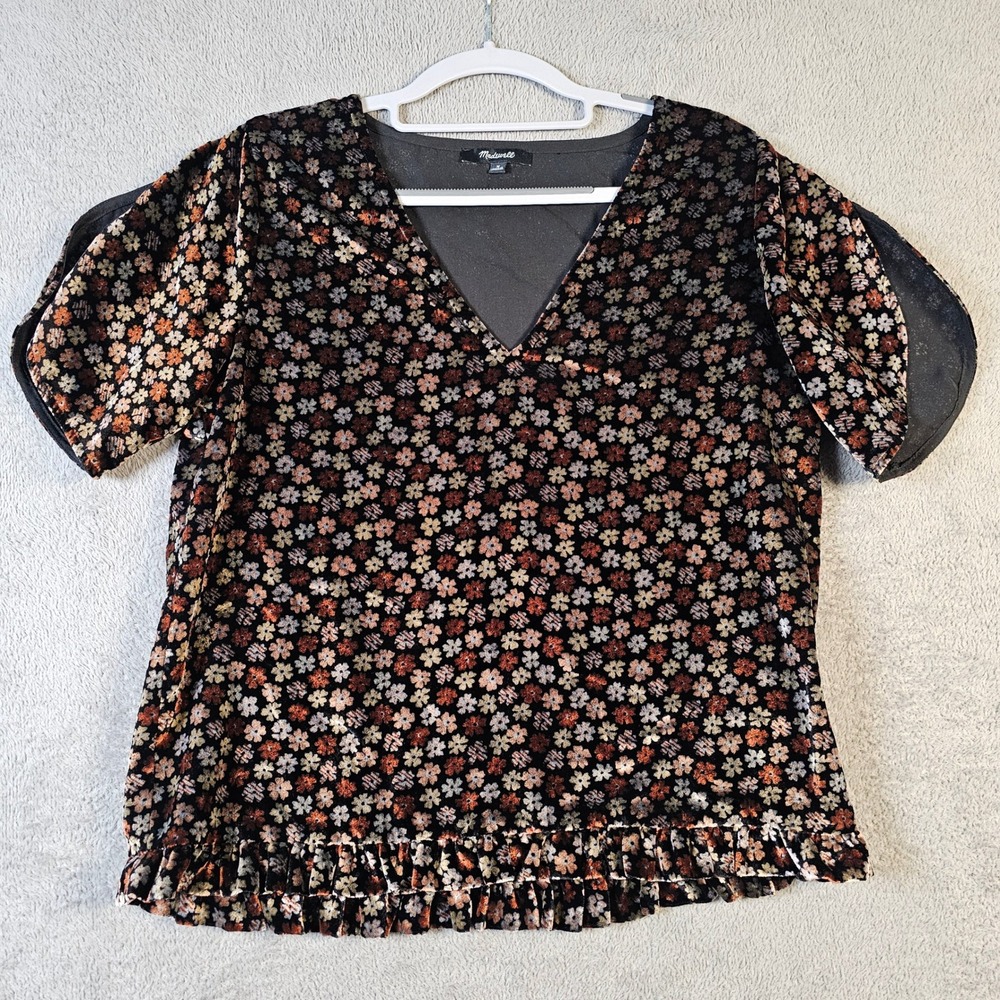 Madewell Velvet Ruffle Hem V-Neck Top Floral Short Tulip Sleeve Womens Size M